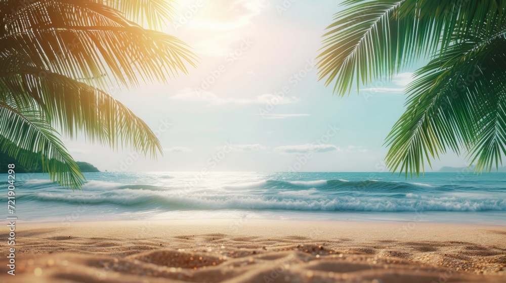 Tropical island sea beach, beautiful paradise nature panorama landscape, coconut palm tree green leaves, turquoise ocean water, blue sky sun white cloud, yellow sand, summer holidays, vacation, travel Tropical island sea beach, beautiful paradise nature panorama landscape, coconut palm tree green leaves, turquoise ocean water, blue sky sun white cloud, yellow sand, summer holidays, vacation, travel