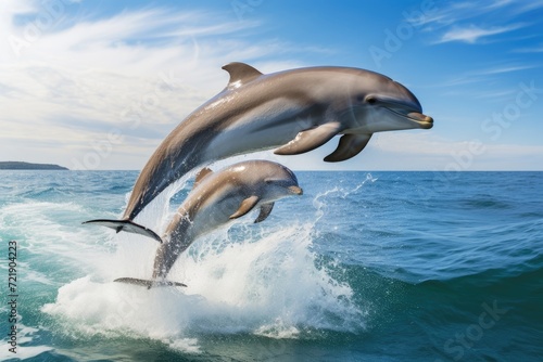 Playful dolphins leaping out of the water in unison.