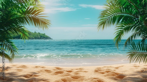 Tropical island sea beach, beautiful paradise nature panorama landscape, coconut palm tree green leaves, turquoise ocean water, blue sky sun white cloud, yellow sand, summer holidays, vacation, travel