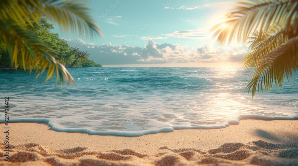 Tropical island sea beach, beautiful paradise nature panorama landscape, coconut palm tree green leaves, turquoise ocean water, blue sky sun white cloud, yellow sand, summer holidays, vacation, travel