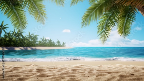 Tropical island sea beach  beautiful paradise nature panorama landscape  coconut palm tree green leaves  turquoise ocean water  blue sky sun white cloud  yellow sand  summer holidays  vacation  travel