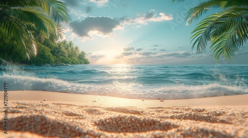 Tropical island sea beach  beautiful paradise nature panorama landscape  coconut palm tree green leaves  turquoise ocean water  blue sky sun white cloud  yellow sand  summer holidays  vacation  travel