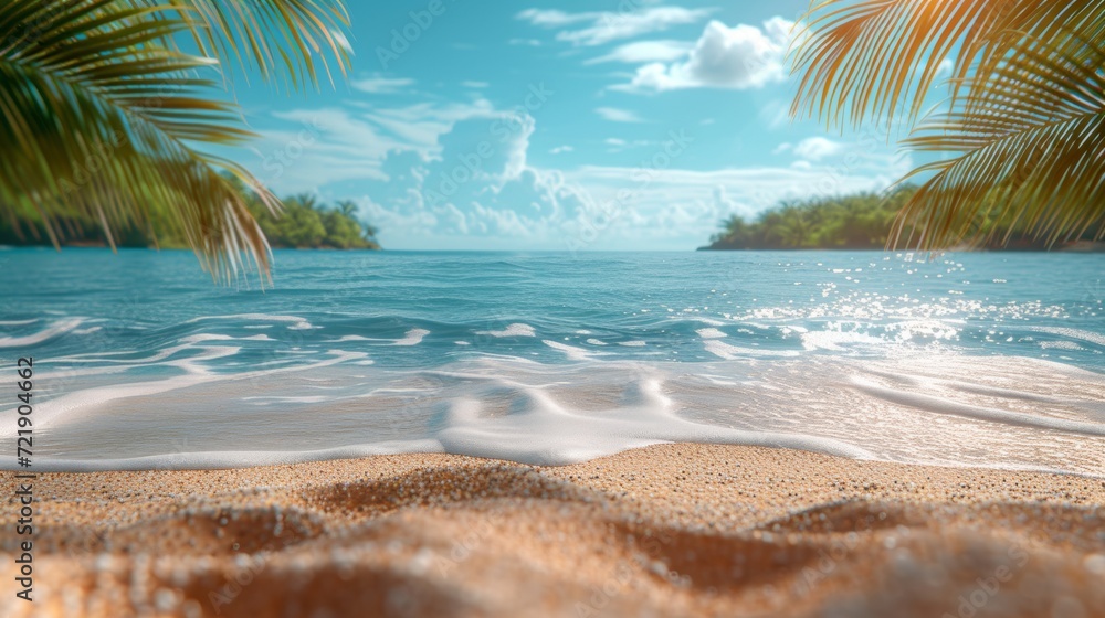 Tropical island sea beach, beautiful paradise nature panorama landscape, coconut palm tree green leaves, turquoise ocean water, blue sky sun white cloud, yellow sand, summer holidays, vacation, travel Tropical island sea beach, beautiful paradise nature panorama landscape, coconut palm tree green leaves, turquoise ocean water, blue sky sun white cloud, yellow sand, summer holidays, vacation, travel