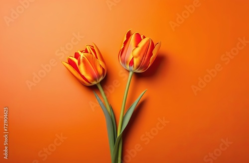 Orange tulips on orange background. Valentines background. Beautiful Tulips flowers isolated on orange Background. Springtime flowers for Womens Day, Wedding, Birthday #721904625