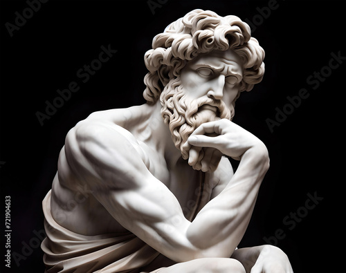 Marble statue of an ancient greek philosopher thinking. Black background.
