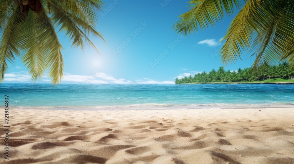 Obraz premium Tropical island sea beach, beautiful paradise nature panorama landscape, coconut palm tree green leaves, turquoise ocean water, blue sky sun white cloud, yellow sand, summer holidays, vacation, travel