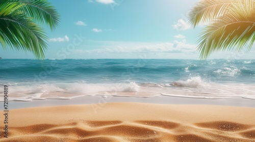 Fototapeta Naklejka Na Ścianę i Meble -  Tropical island sea beach, beautiful paradise nature panorama landscape, coconut palm tree green leaves, turquoise ocean water, blue sky sun white cloud, yellow sand, summer holidays, vacation, travel