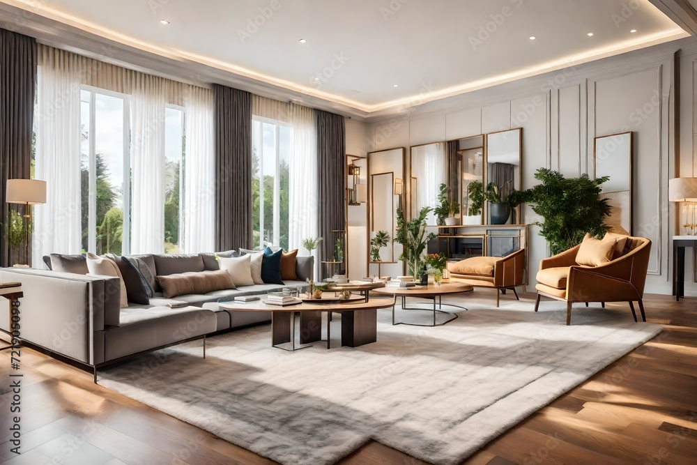 Fototapeta premium modern living room with fireplace and with modren interior