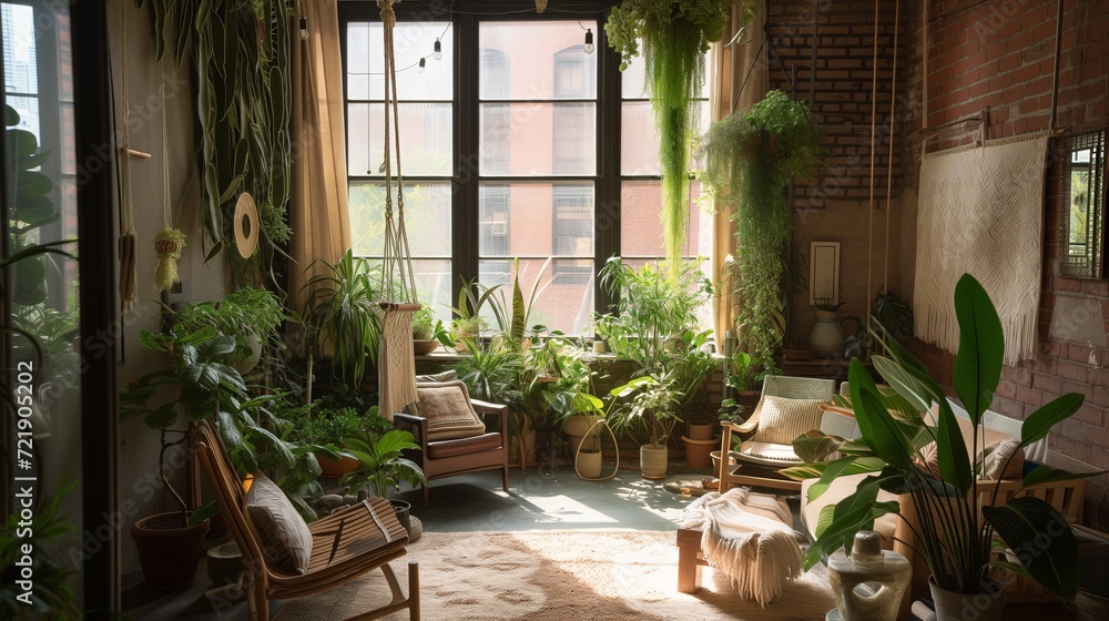 Interior living room nature indoors with lush greenery, hanging plants ...