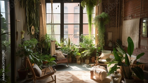 Interior living room nature indoors with lush greenery, hanging plants, wood furniture against exposed brick walls, and large windows framing a verdant garden. biophilic design, urban jungle aesthetic