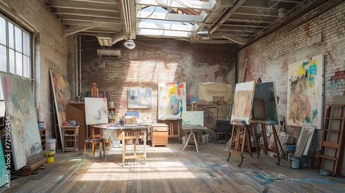 Bohemian Art Studio Unleash creativity in a vibrant space with splashing paints on exposed brick walls, canvases on vintage easels, sunlight through skylights, and a jumble of art supplies photo