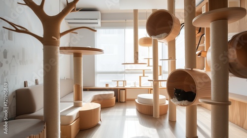 Cat-Themed Apartment Indulge your inner feline in this unique cat-themed space, featuring scratching posts disguised as miniature skyscrapers photo