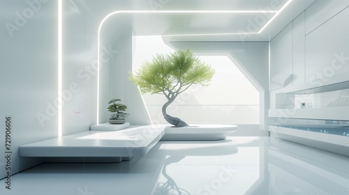 Futuristic Minimalism interior living room living space with clean lines and gleaming surfaces. Modular furniture appears to float with hidden technology  with single bonsai tree