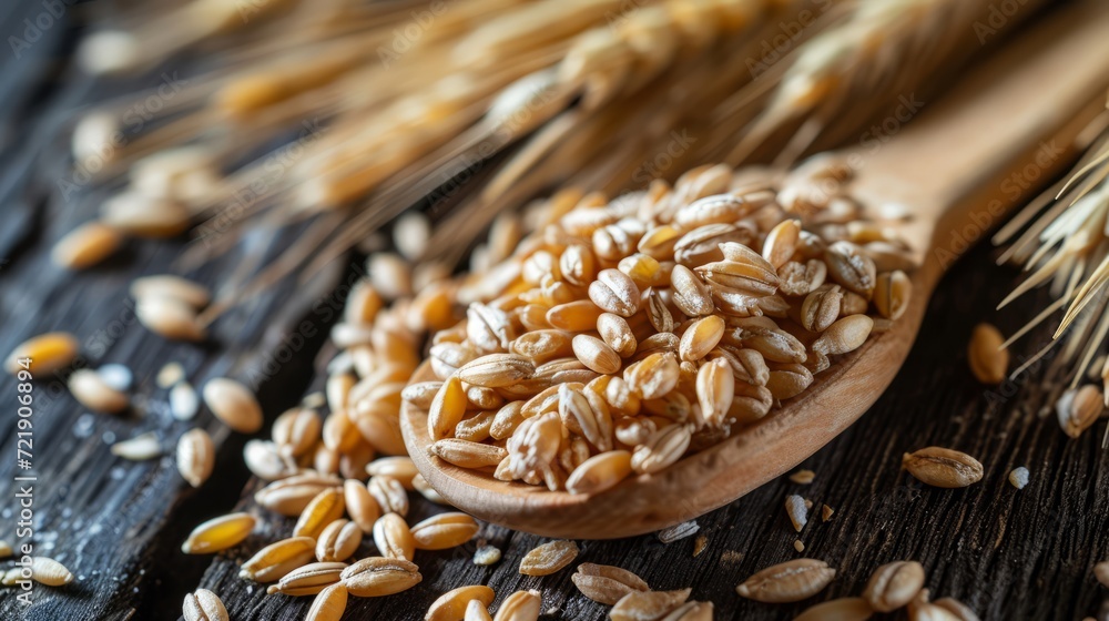 Fototapeta premium spread the barley grits on a wooden spoon in close-up on a beautiful background. The concept of a grocery store.