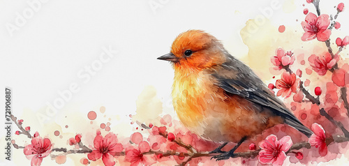 digital watercolor image with a blooming branch with pink flowers and a bird sitting on a twig. copy space