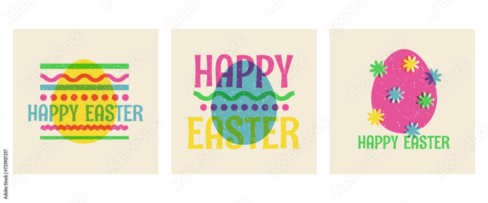 Happy Easter in risograph style.Set of square banners for social networks. Rizo print effect.Retro style.Vector stock illustration.