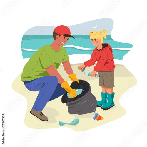 Family father and daughter cleaning up trash on the sea beach together. Sustainable climate visuals. Caring for the environment, ecology. Vector stock illustration.