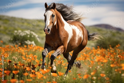 A horse frolicking in a field of wildflowers.