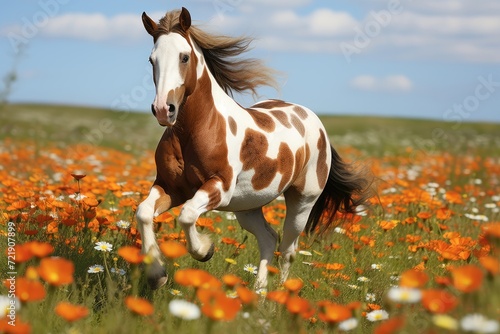 A horse frolicking in a field of wildflowers.
