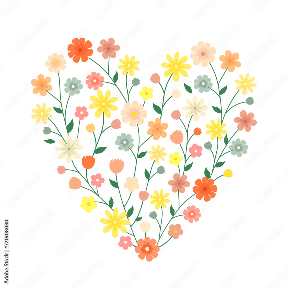 Heart made of flowers isolated on a white background. Vector illustration.