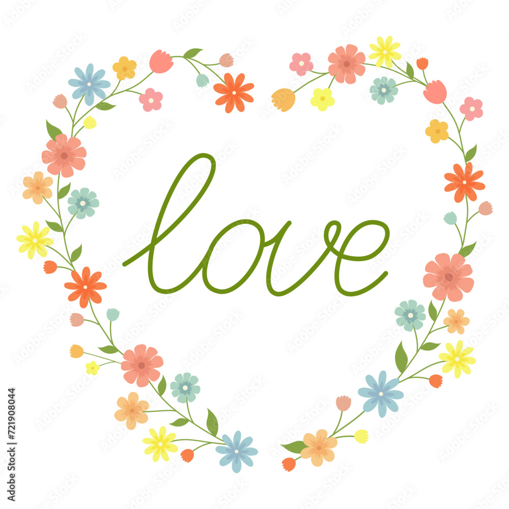 Floral wreath in the shape of a heart with the inscription love isolated on a white background. Vector illustration. Floral wreath in the shape of a heart with the inscription love isolated on a white background. Vector illustration.