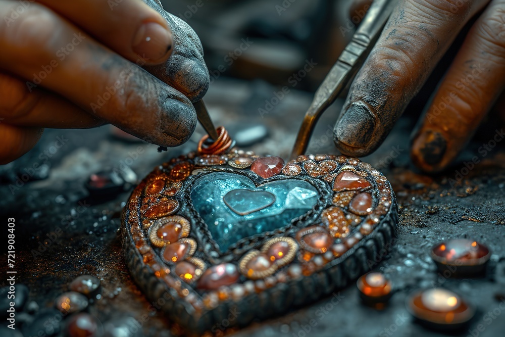 Close-up of hands creating personalized heart-shaped pendants with gemstones Close-up of hands creating personalized heart-shaped pendants with gemstones