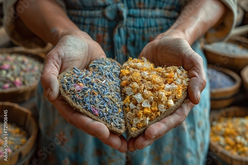 Close-up of hands creating personalized heart-shaped potpourri sachets photo