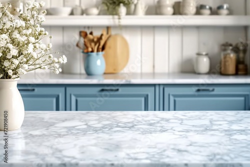 Empty and clean marble dining table in scandinavian kitchen. Modern monochrome interior with blue drawers on wooden furniture. Tablewear and vases with flowers. generative ai.