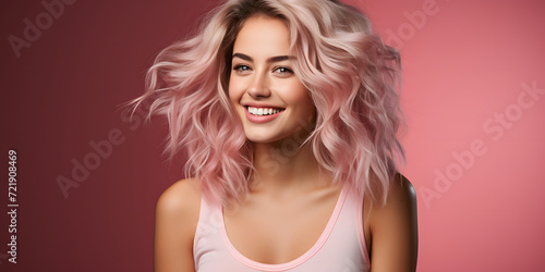 Portrait of a Happy Beautiful Woman with Short Pink Hair