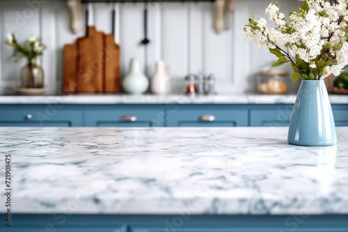 Empty and clean marble dining table in scandinavian kitchen. Modern monochrome interior with blue drawers on wooden furniture. Tablewear and vases with flowers. generative ai. photo