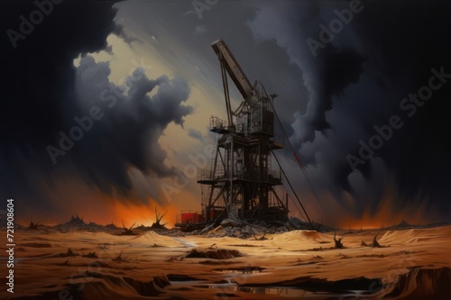 Oil pump oil rig energy industrial machine for petroleum in the sunset background for design. Dark hell abstract background photo