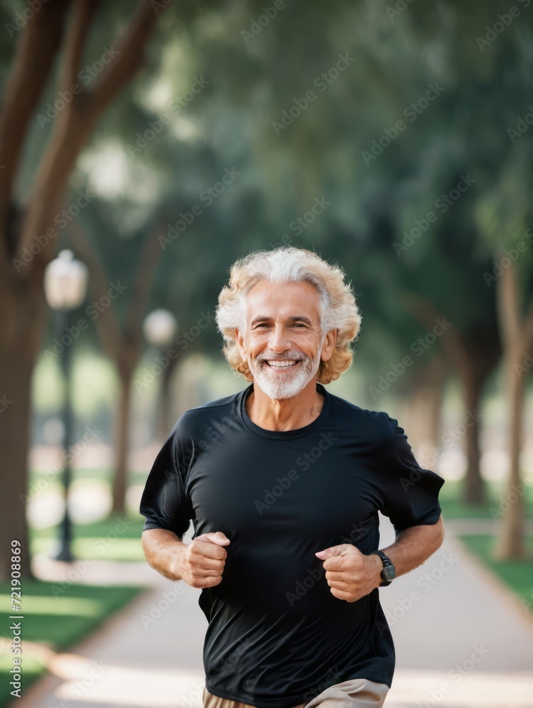An older man with a beard is smiling while jogging in a park. An older man with a beard is smiling while jogging in a park.