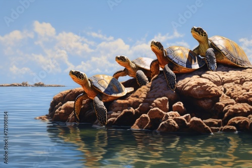 Turtles sunbathing on a rock, enjoying the warmth.