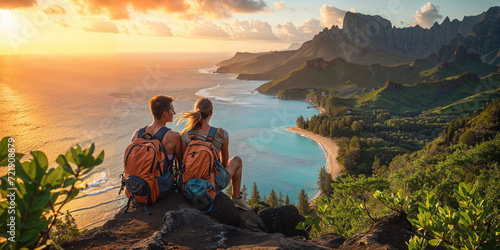 Two hikers with backpacks sit atop a cliff enjoying a breathtaking view of a curved bay and dramatic mountain range at sunset.