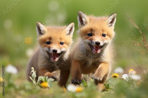 Playful fox kits pouncing on each other in the grass. © OhmArt