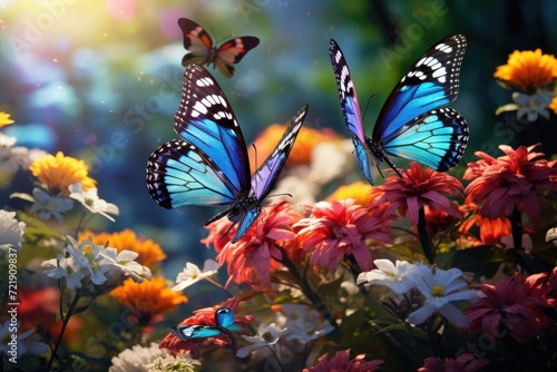 Butterflies fluttering around a garden of blooming flowers.