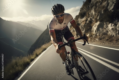 Cyclist speeding down mountain road at sunset