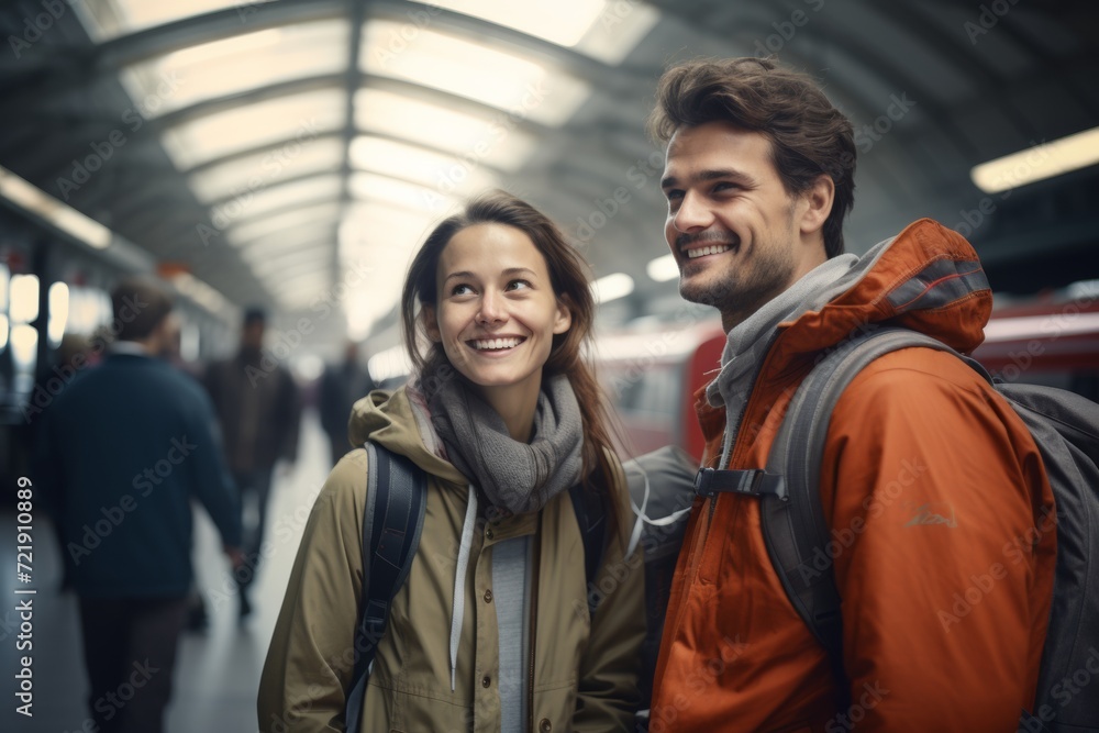Couple with backpacks smiling in train station
