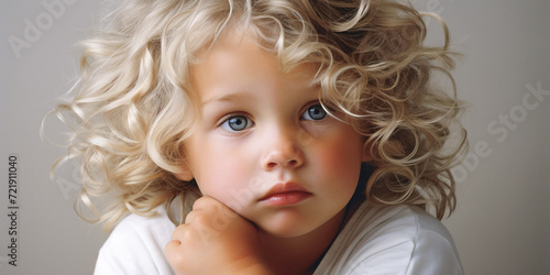 Portrait of pensive child with curly blonde hair and blue eyes, innocent and thoughtful AI Generative