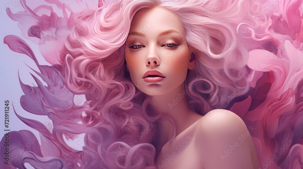 Beautiful young woman with pink hair and flowers. Portrait of a girl with curly hair.