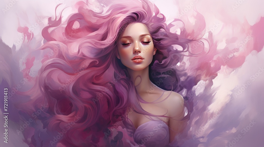 Beautiful young woman with pink hair and flowers. Portrait of a girl with curly hair. Beautiful young woman with pink hair and flowers. Portrait of a girl with curly hair.
