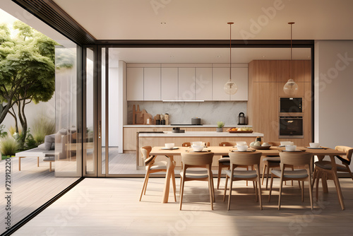 An open plan kitchen with a dining area