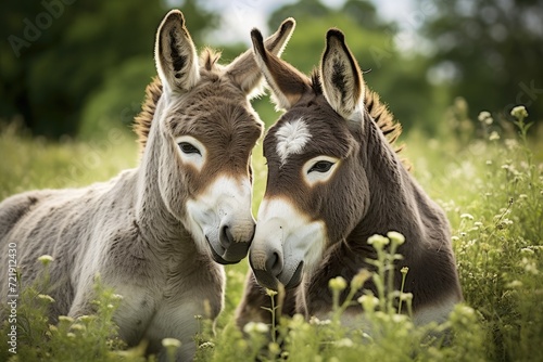 Playful donkeys nuzzling each other in a meadow.