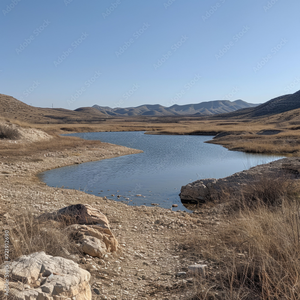 A lake in a deserted valley with mountains in the distance under a clear sky. Photographing natural landscapes. The concept of exploring tranquility and wildlife