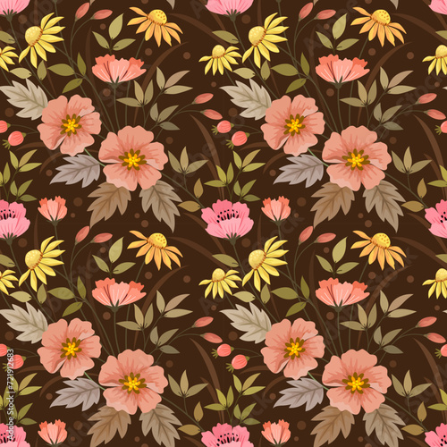 Cute colorful flowers and leaf on dark brown color background seamless pattern. Can be used for fabric textile wallpaper.