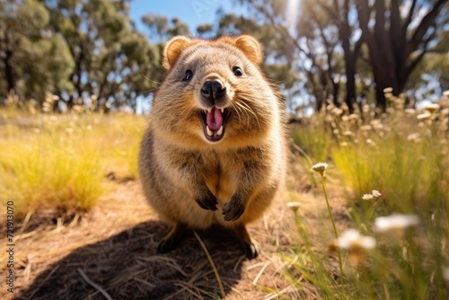 Quokkas smiling and hopping around on a sunny day.