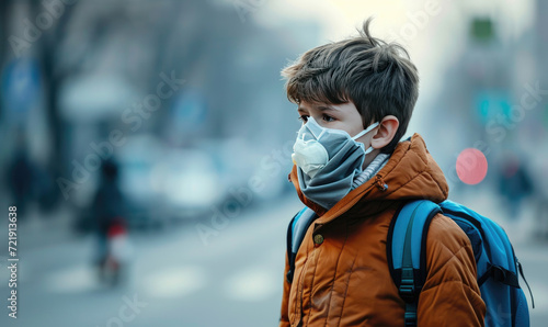 a boy wearing a mask and coughing on the street. Protection against air pollution and dust particles exceeds safety limits.PM2.5 photo
