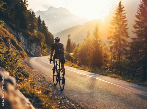 a man in cycling clothing in the mountains on the road cycling fitness stock