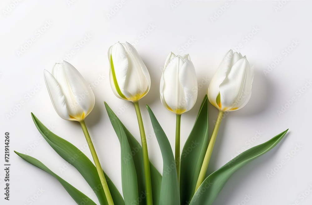 White tulips on the white background. Valentines background. Beautiful Tulips flowers isolated on white Background. Springtime flowers for Womens Day, Wedding, Birthday