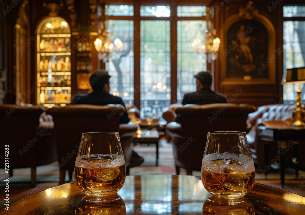 Two glasses of whiskey on a table in a cozy bar with patrons in the background. Upscale bar ambiance and leisure concept Two glasses of whiskey on a table in a cozy bar with patrons in the background. Upscale bar ambiance and leisure concept